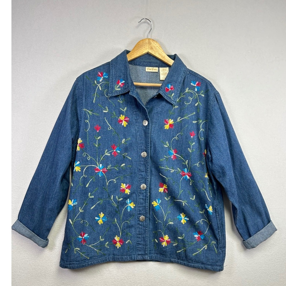Vintage Bobbie Brooks Denim Jacket Embroidered Floral Blue Button Up Women Large